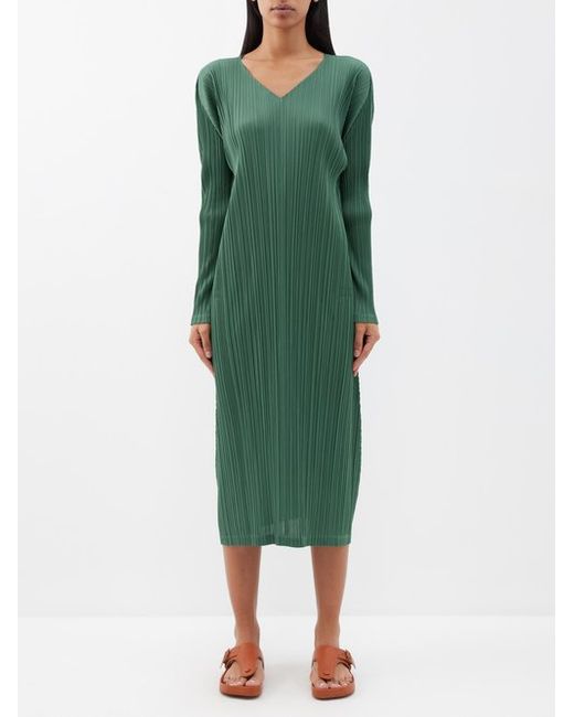 Pleats Please By Issey Miyake V-neck Technical-pleated Midi Dress