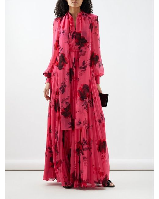 Erdem Floral-print Pleated Voile Gown