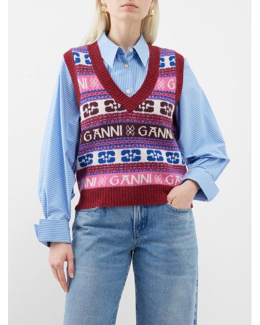 Ganni Logo-jacquard Wool-blend Sweater Vest
