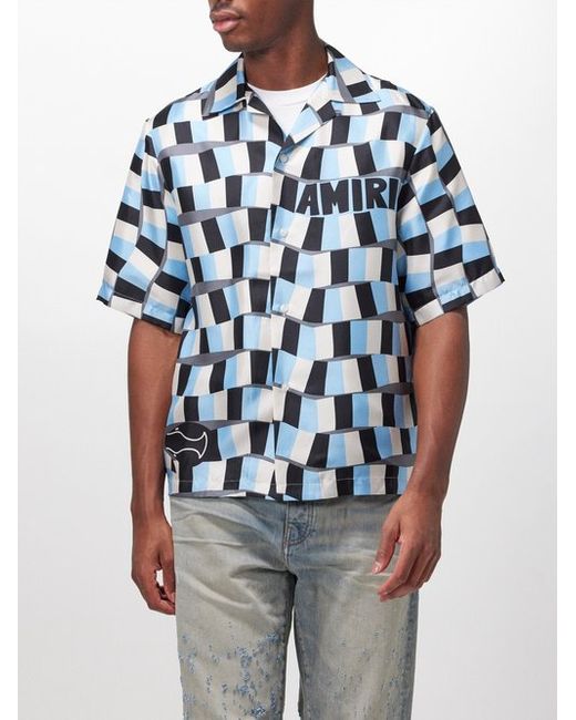 Amiri Snake Checker-print Silk Bowling Shirt