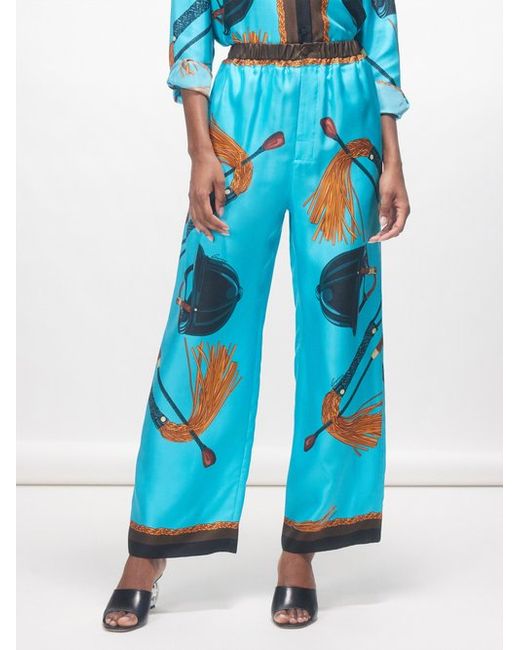 Gucci Equestrian-print Silk-twill Wide-leg Trousers