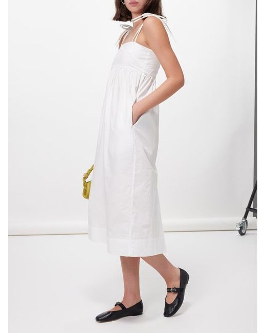 Ganni Tie-shoulder Organic-cotton Poplin Midi Dress