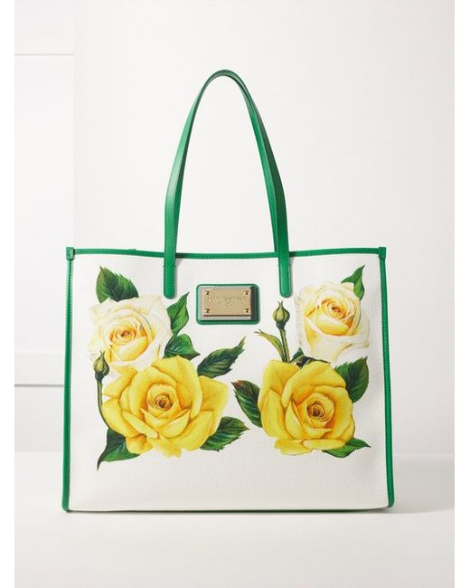 Dolce & Gabbana Rose-print Leather-trim Canvas Tote Bag