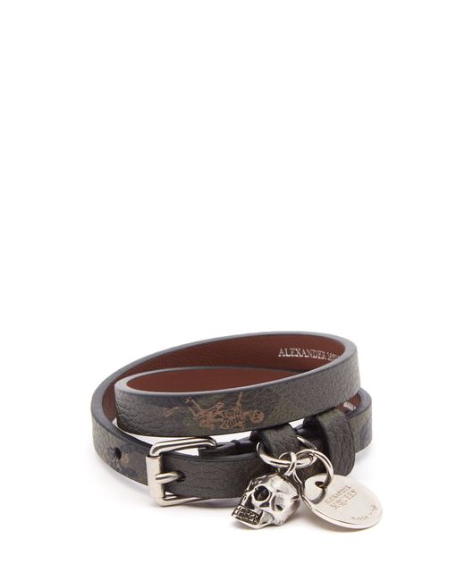 Alexander McQueen Skull-charm double-wrap leather bracelet