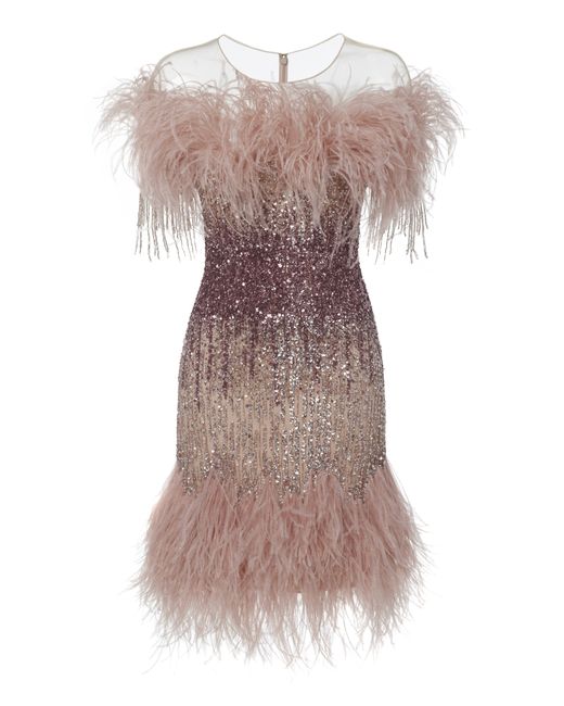 Pamella Roland Illusion Neckline Ostrich Feather And Sequin Embroidered Cocktail Dress