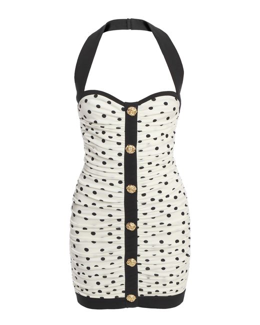 Balmain Buttoned Polka-Dot Halter Mini Dress white