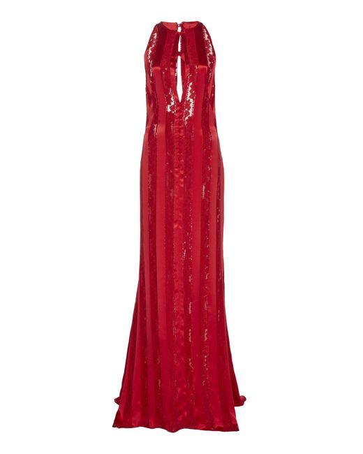 Sandra Mansour Lune Rouge Halter Neck Satin And Lace Gown