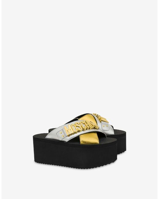 Moschino Lettering Logo Laminated Wedge Sandals