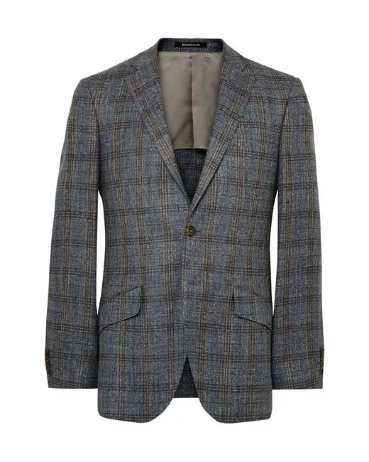 Richard James Seishin Slim-Fit Checked Silk Linen and Wool-Blend Blazer Gray