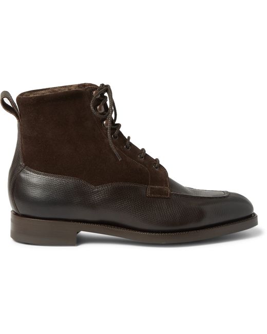 Edward Green Nevis Shearling-Lined Cross-Grain Leather Boots Brown