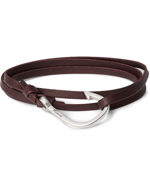 Miansai Grained-Leather and Silver-Plated Hook Wrap Bracelet Burgundy