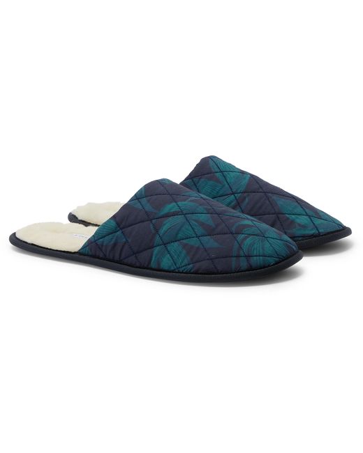 Desmond & Dempsey Byron Faux Shearling-Lined Printed Cotton Slippers