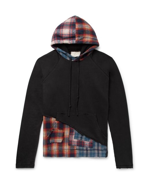 Greg Lauren Panelled Distressed Loopback Cotton-Jersey and Checked Cotton-Flannel Hoodie