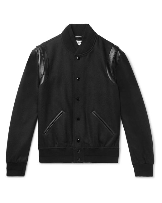 Saint Laurent Teddy Leather-Trimmed Virgin Wool-Blend Bomber Jacket