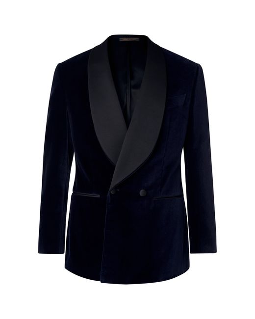 Thom Sweeney Navy Slim-Fit Double-Breasted Satin-Trimmed Cotton-Velvet Tuxedo Jacket
