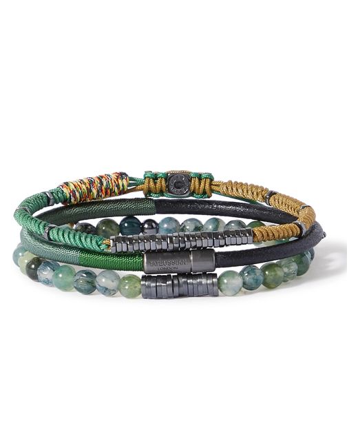 Tateossian Set of Three Cord Leather Moss Agate and Rhodium-Plated Bracelets Men
