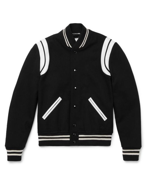 Saint Laurent Teddy Slim-Fit Leather-Trimmed Wool-Blend Bomber Jacket