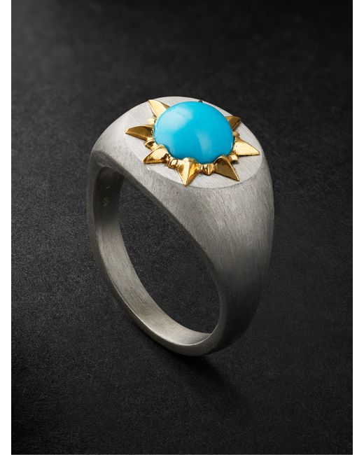 Jenny Dee Jewelry Sunshine Brushed Sterling Silver 18-Karat Gold and Turquoise Signet Ring