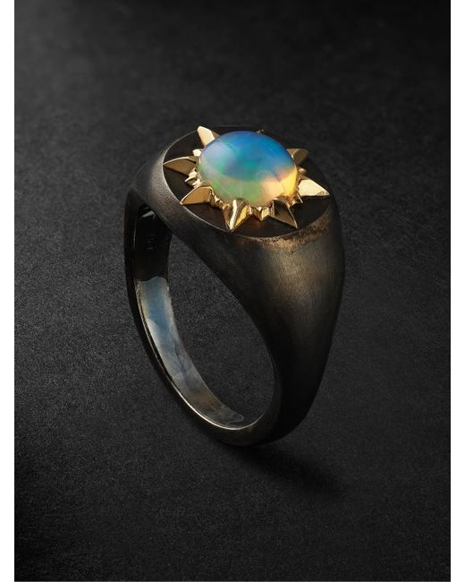 Jenny Dee Jewelry Mystic Sunshine Blackened Sterling 18-Karat Red Gold and Opal Signet Ring