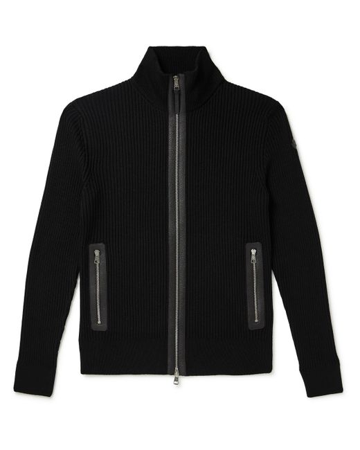 Moncler Leather-Trimmed Ribbed Virgin Wool Cardigan