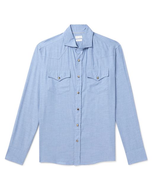 Brunello Cucinelli Cutaway-Collar Cotton-Chambray Western Shirt