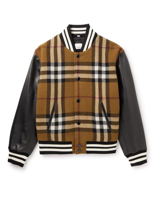Burberry Checked Wool-Blend and Full-Grain Leather Varsity Jacket