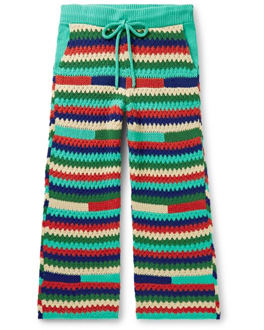The Elder Statesman Straight-Leg Striped Crochet-Knit Cashmere Drawstring Trousers