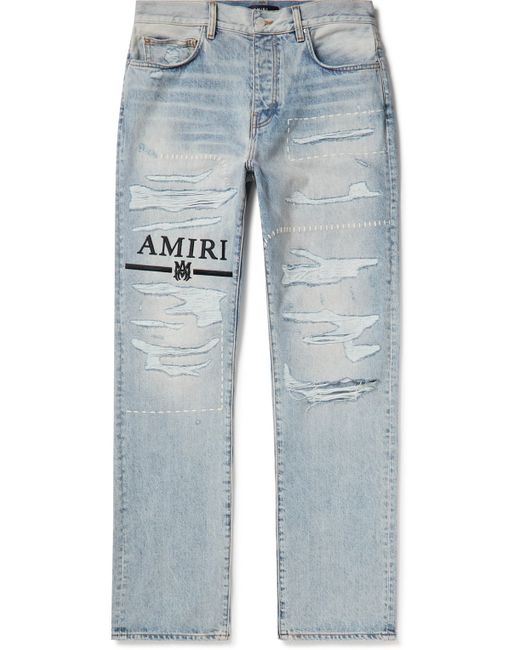 Amiri Straight-Leg Logo-Embroidered Distressed Jeans
