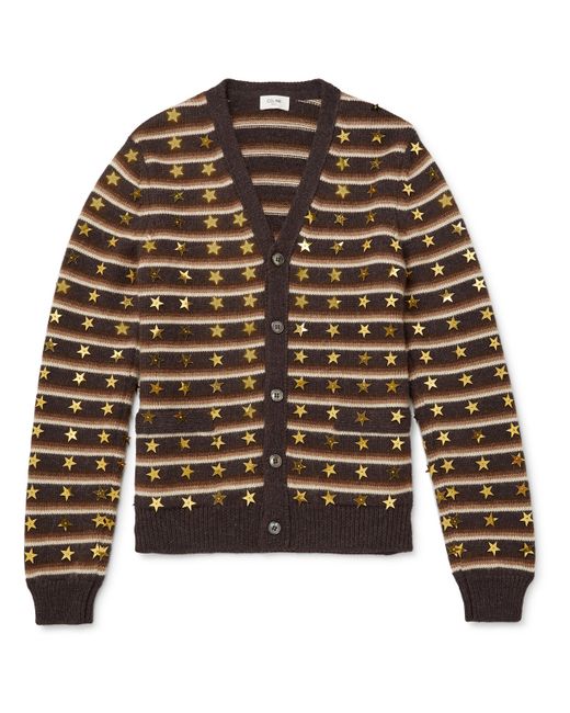 Celine Star-Embroidered Striped Wool and Alpaca Wool-Blend Cardigan