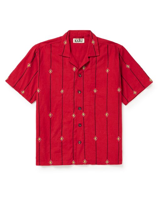 Karu Research Camp-Collar Embellished Striped Cotton Shirt
