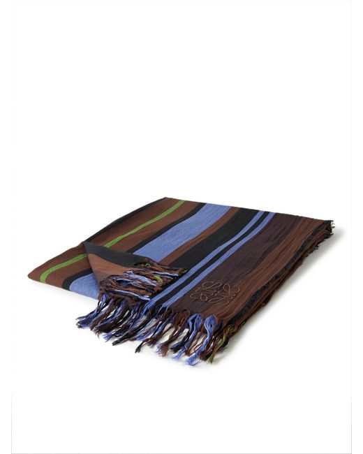Loewe Fringed Logo-Embroidered Striped Cotton-Voile Blanket