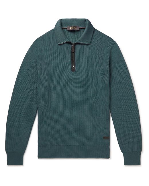Loro Piana Leather-Trimmed Ribbed Wool Half-Zip Sweatshirt