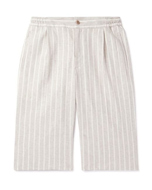 Kiton Straight-Leg Pleated Striped Linen-Blend Shorts IT 46