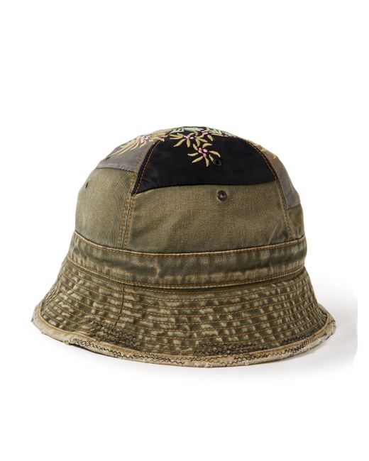 Kapital Distressed Embroidered Patchwork Cotton-Twill and Shell Bucket Hat