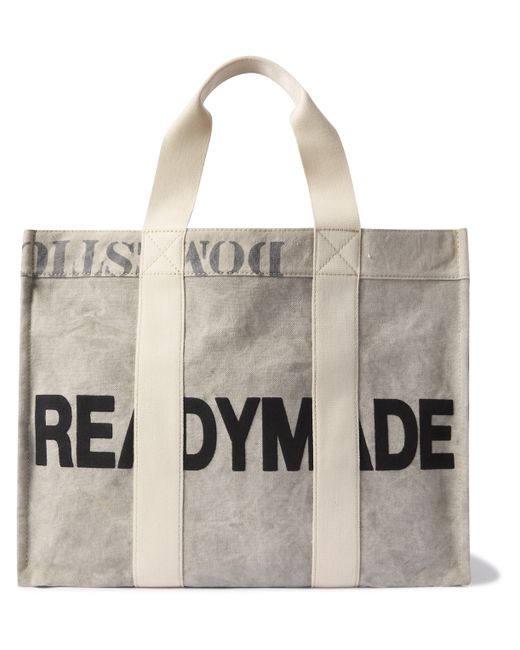 Readymade Logo-Print Webbing-Trimmed Distressed Waxed Cotton-Canvas Tote Bag