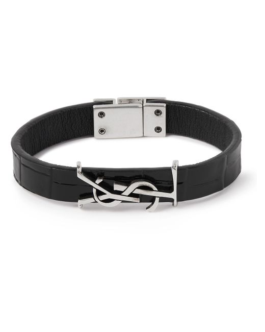 Saint Laurent Cassandre Croc-Effect Leather and Silver-Tone Bracelet S