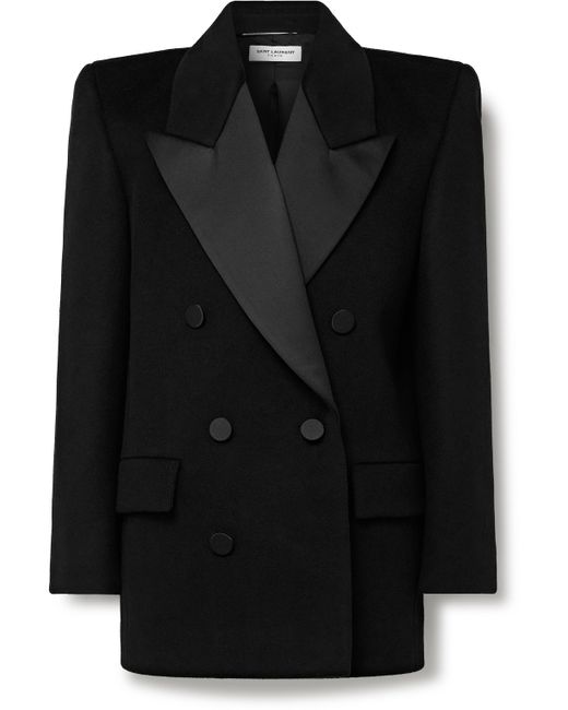 Saint Laurent Double-Breasted Satin-Trimmed Wool Coat IT 46