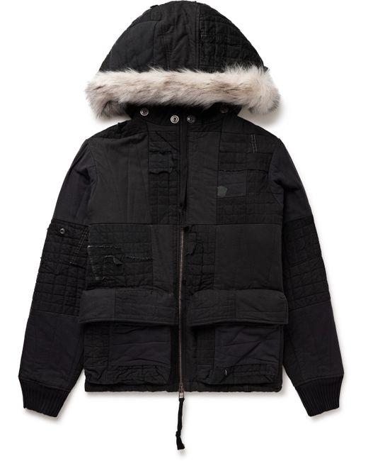 Greg Lauren Faux Fur-Trimmed Distressed Patchwork Cotton-Blend Hooded Jacket