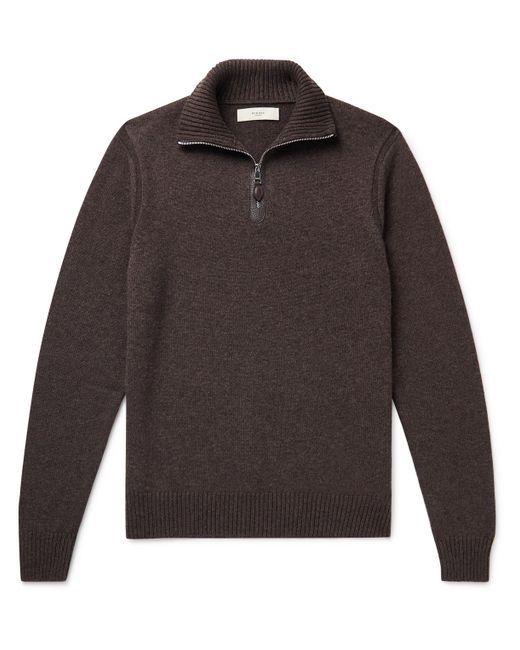 Purdey Leather-Trimmed Cashmere Half-Zip Sweater