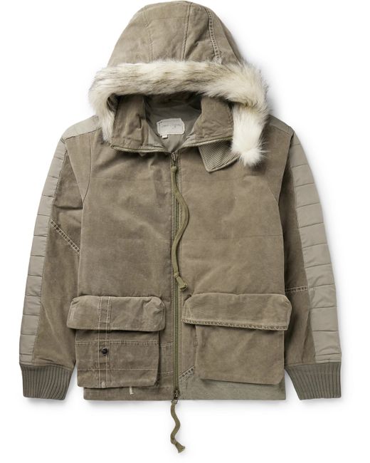 Greg Lauren Faux Fur and Quilted Shell-Trimmed Distressed Cotton-Blend Jacket
