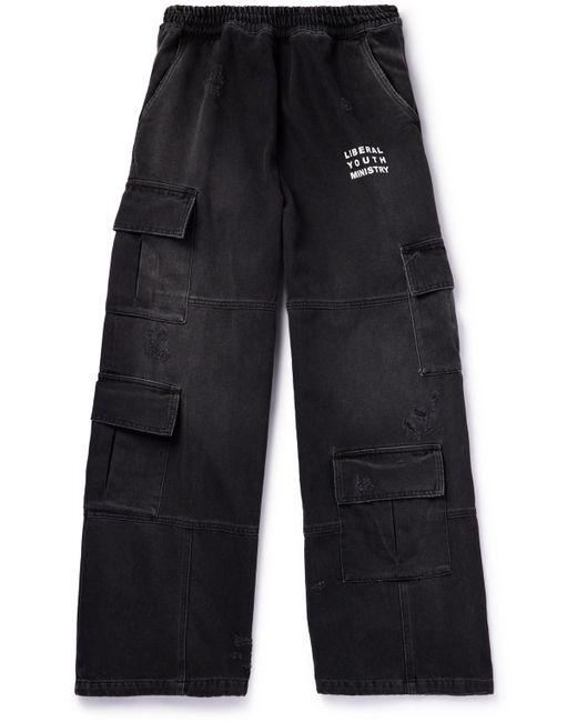 Liberal Youth Ministry Wide-Leg Logo-Print Distressed Denim Cargo Trousers