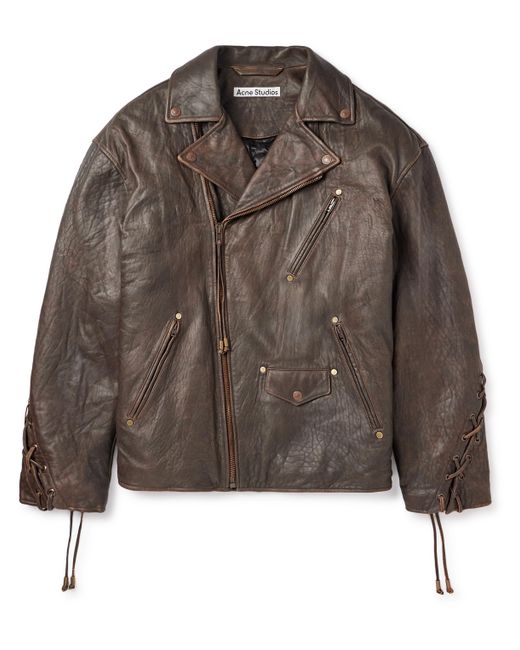 Acne Studios Braid-Trimmed Textured-Leather Biker Jacket