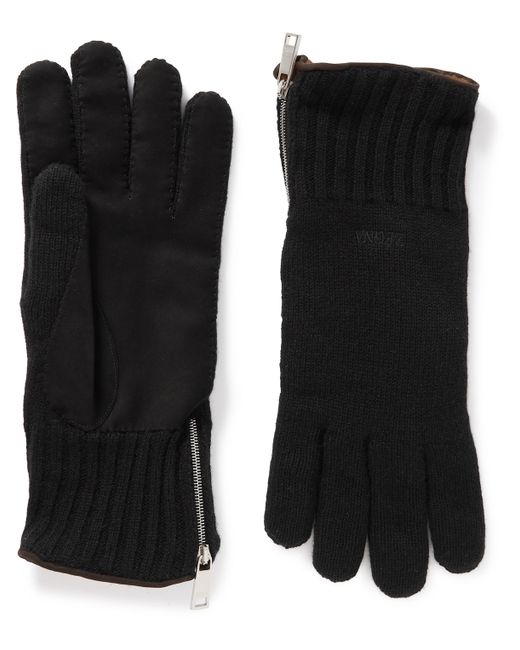 Z Zegna Logo-Embroidered Leather-Trimmed Cashmere Gloves