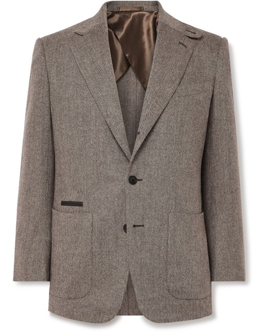 Purdey Hacking Leather-Trimmed Herringbone Wool and Cashmere-Blend Tweed Blazer UK/US 36