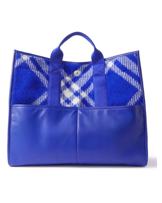 Burberry Leather-Trimmed Checked Wool Tote Bag