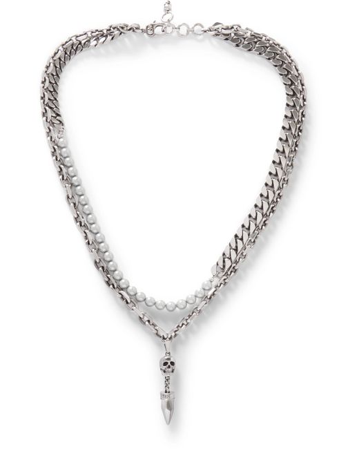Alexander McQueen Skull Tone and Faux Pearl Chain Necklace