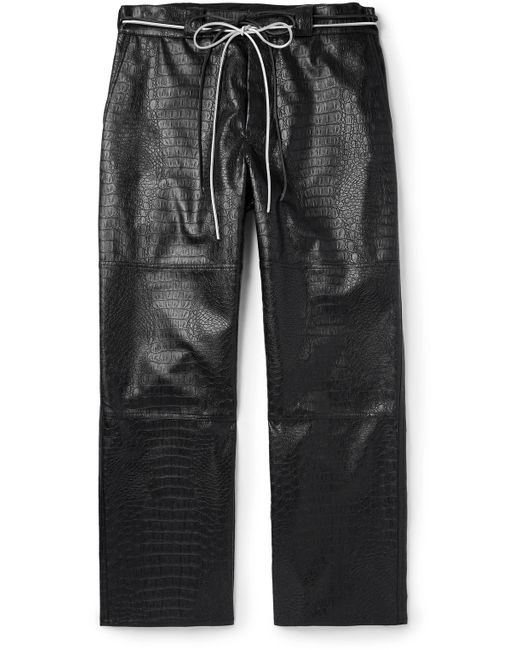 4Sdesigns Straight-Leg Belted Croc-Effect Faux Leather Trousers