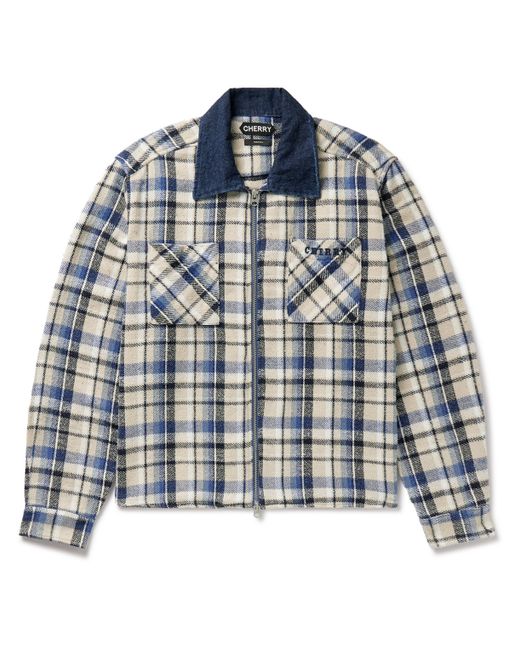 Cherry Los Angeles Chambray-Trimmed Logo-Embroidered Checked Cotton-Flannel Shirt Jacket
