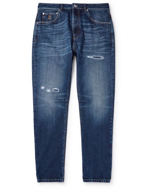 Brunello Cucinelli Slim-Fit Tapered Logo-Embroidered Distressed Jeans