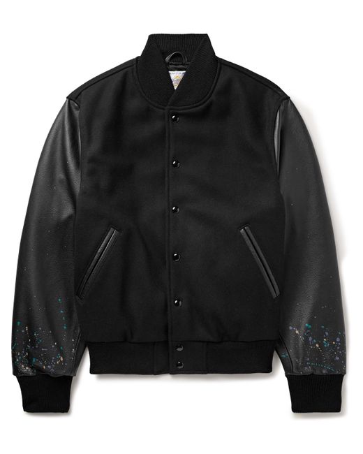 Golden Bear The Albany Wool-Blend and Paint-Splattered Leather Bomber Jacket